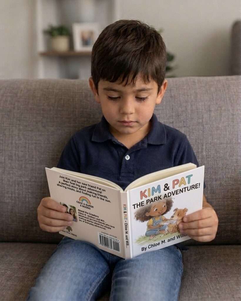 Young boy sitting on a couch reading a children's book