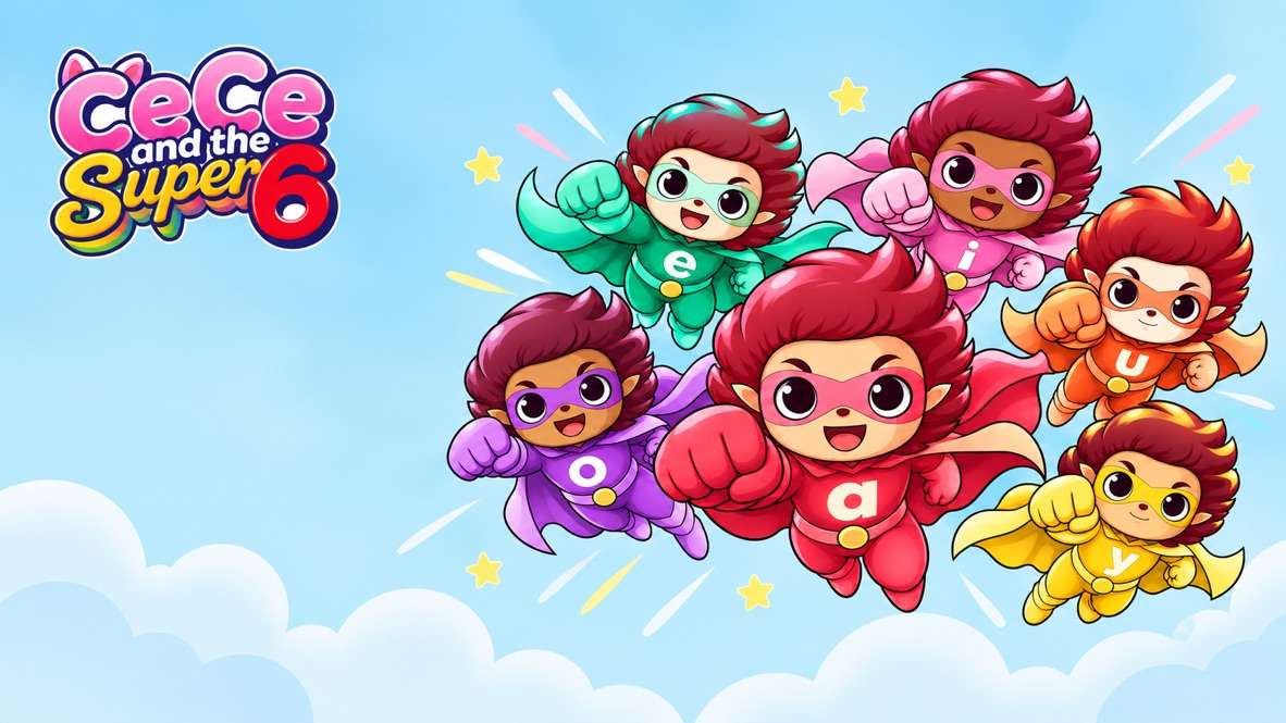 CeCe and the Super 6 characters flying in the sky