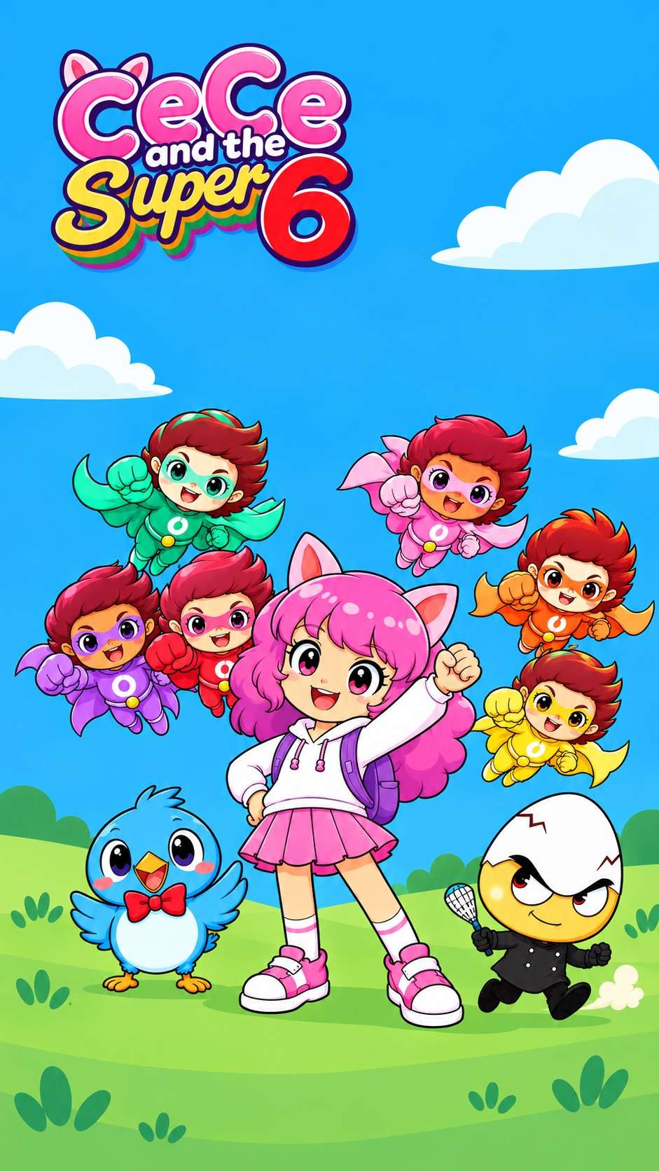 CeCe and the Super 6 characters on a green hill