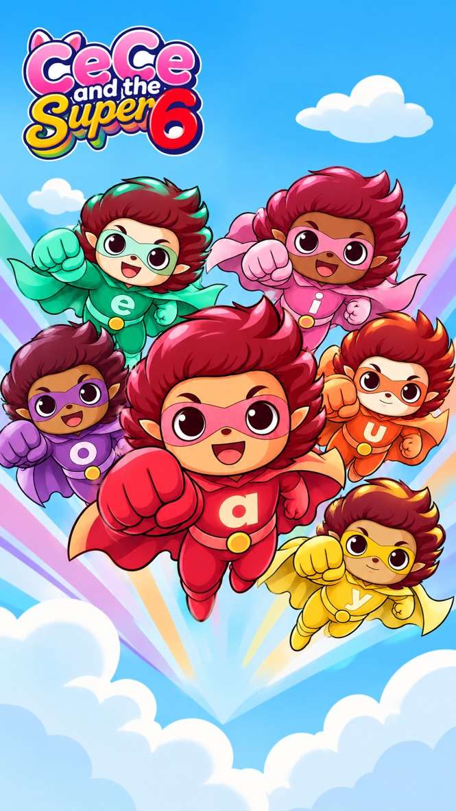 CeCe and the Super 6 characters flying in the sky