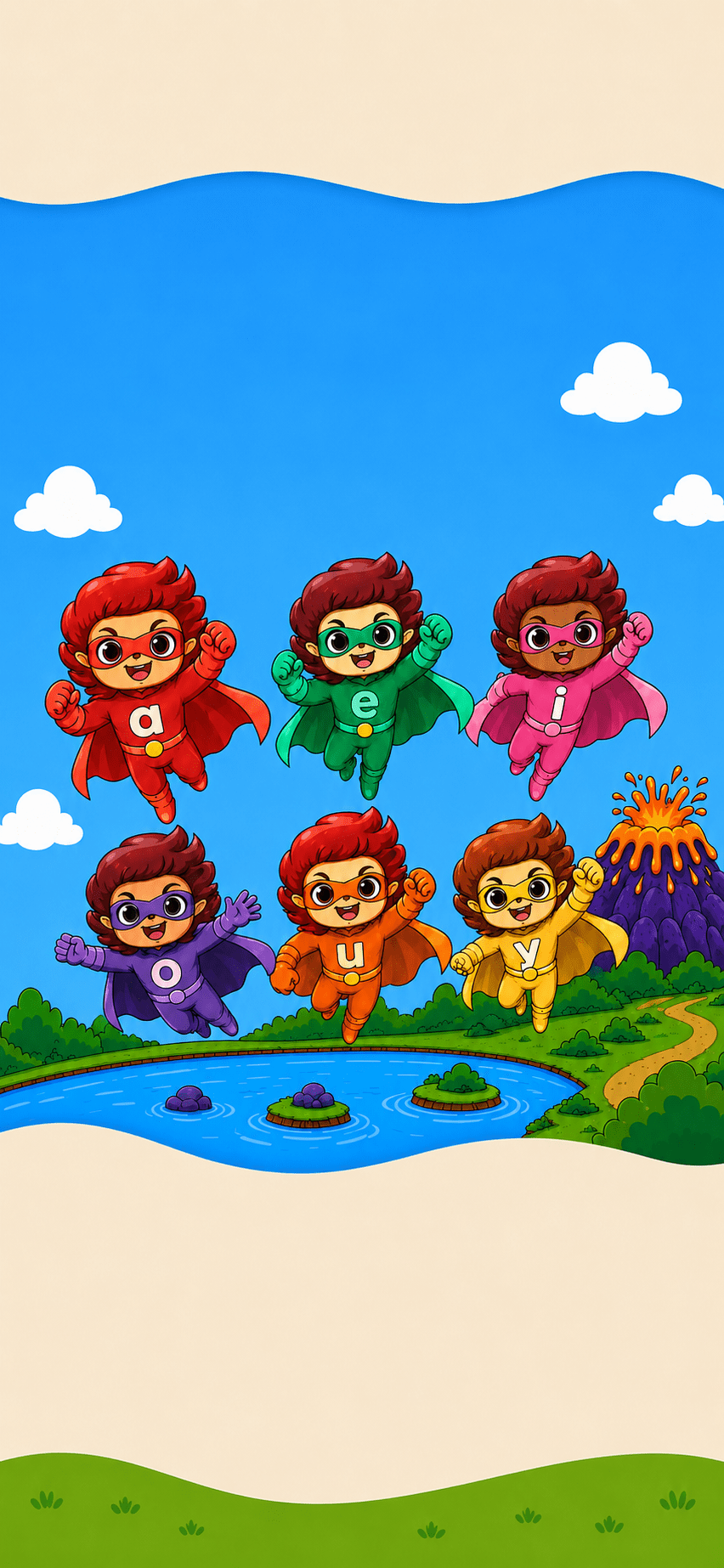 Meet the Super 6 — six vowel superheroes flying over a lake
