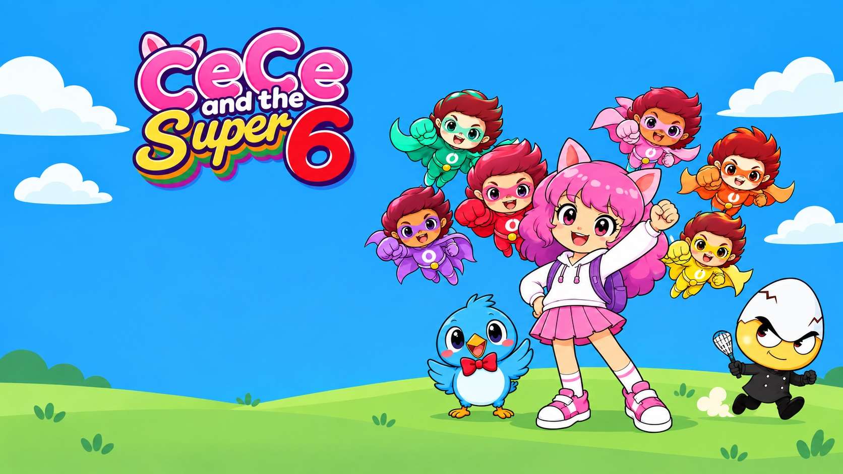 CeCe and the Super 6 characters on a green hill
