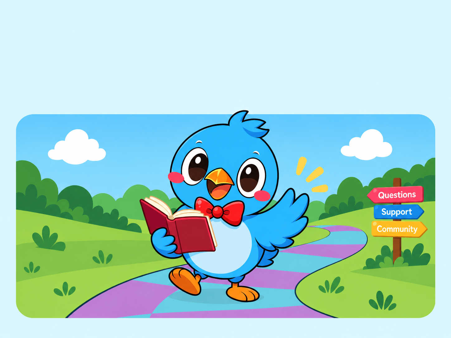 Mayor Bluebird reading, with signposts for Questions, Support, and Community