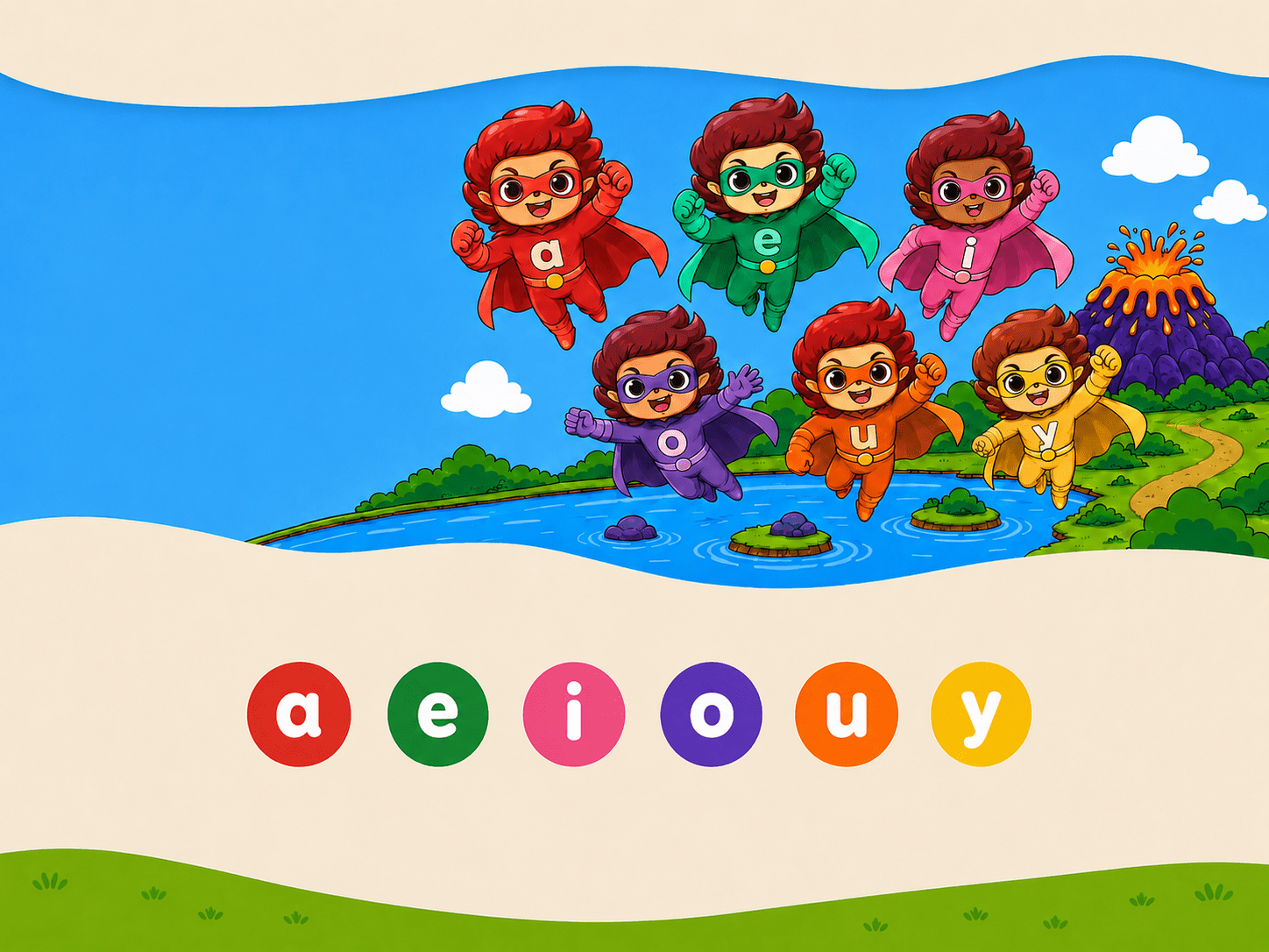 Meet the Super 6 — six vowel superheroes flying over a lake